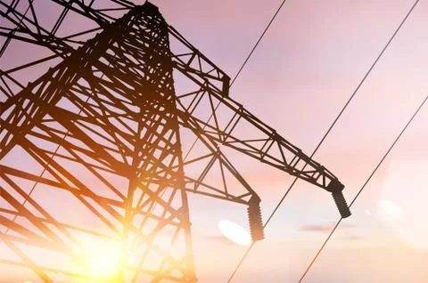 High voltage tower on sunset sky. Stock Illustration