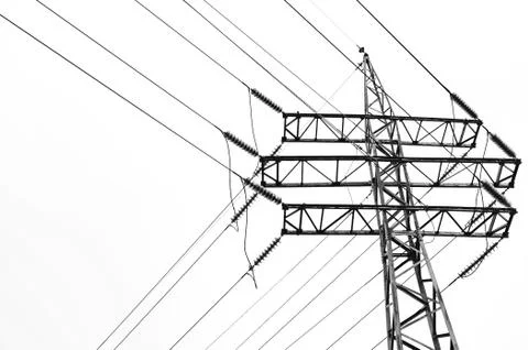 High voltage tower on a white background black and white. Stock Photos