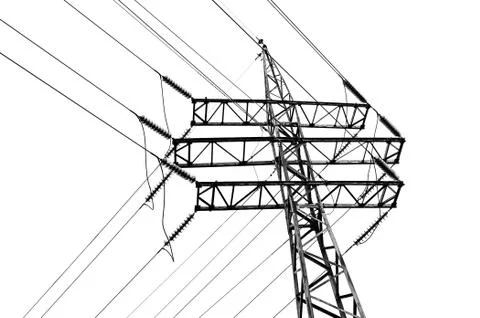 High voltage tower on a white background black and white. Foto stock