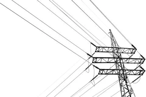 High voltage tower on a white background black and white. Foto stock