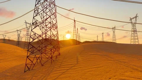 High voltage towers in the desert Stock Footage 310091587