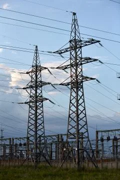 High voltage towers with sky background. Stock Photos