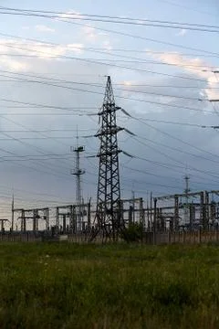 High voltage towers with sky background. Stock Photos