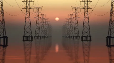 High-voltage towers with sunset in the background. Stock Footage 44265556