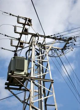 High voltage transformers on the pole Stock Photos