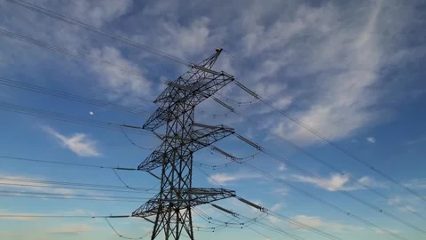 High Voltage Transmission Tower with Power Lines and Copy Space Stock Footage 330051147