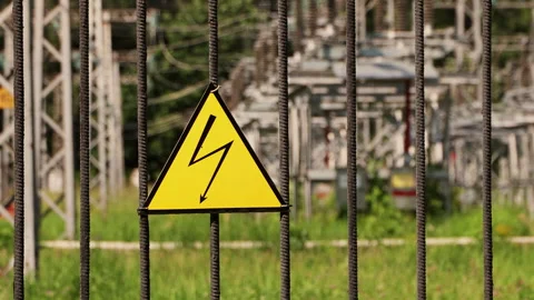 High Voltage Warning Sign At Electric Power Plant Fence Stock Footage 286435084
