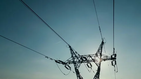 High voltage wire power supply line, electricity transmission, aerial view 4k Stock Footage 251241890