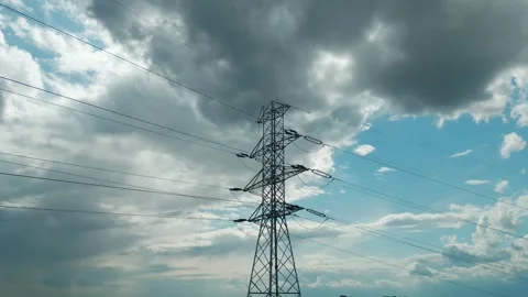 High voltage wire power supply line, electricity transmission, aerial view 4k Stock Footage 339768597