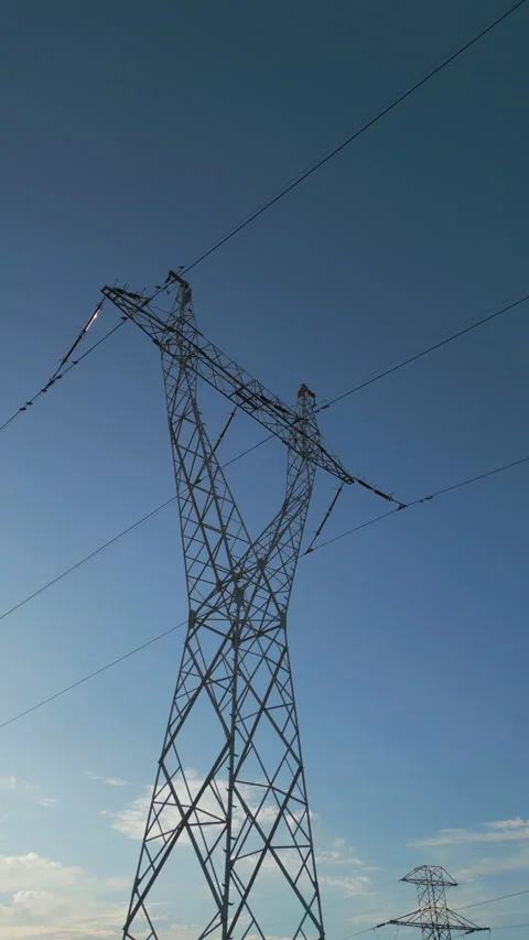 High voltage wire power supply line, electricity transmission, aerial view 4k Stock Footage 339768647