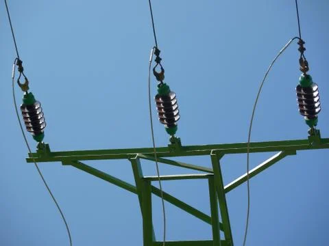High voltage wires with insulators Stock Photos