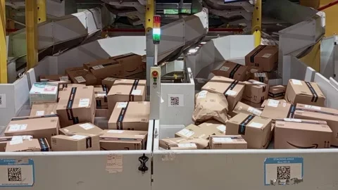 High volume parcel sorting bins filled with packages in Amazon fulfillment Vidéo 333489296