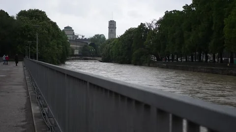 High water of Isar river in central Munich (Hochwasser), Deutsches Museum tower Stock Footage 134983962