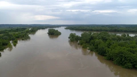 High water level in the river, flood threat, aerial view Stock Footage 120399023