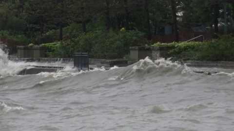 High water levels and massive waves at Lake Ontario Stock Footage 76100501