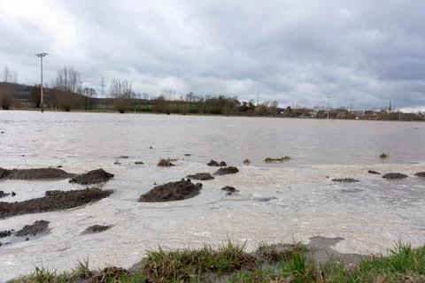 High water of a small river on the fields in spring Stock Photos