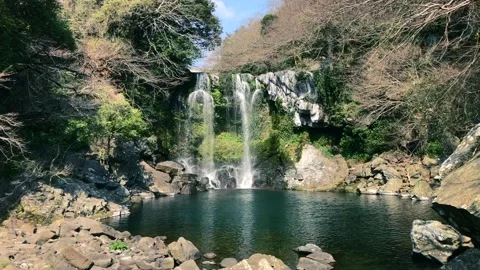 The high waterfall Cheonjiyeon and the mountain lake in Jeju island. South Korea Stock Footage 145366120