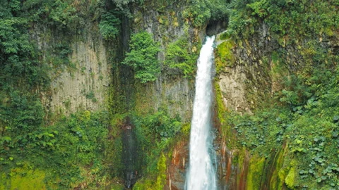 High waterfall descending from mossy cliffs deep in Costa Rica forest Stock Footage 311490276