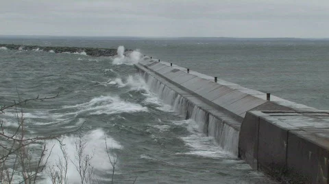High waves crash against breakwall on Lake Superior HD Stock Footage 294683