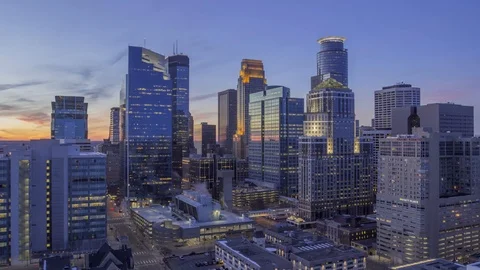 High Wide Angle Hero Shot of Minneapolis Cityscape at Twilight Stock Footage 87914282