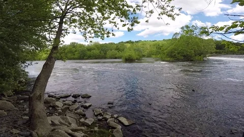 High Wide Angle View of Lehigh River from Riverbank Stock Footage 76086206