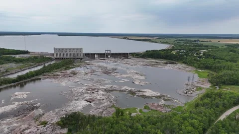 High Wide Drone Approach Seven Sisters Hydro Station Manitoba Stock Footage 345150075