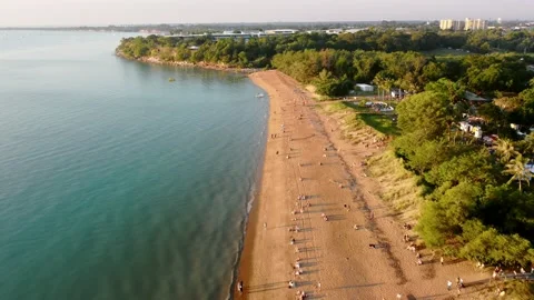 High wide drone over the beach at Mindil Markets. Stock Footage 154034088