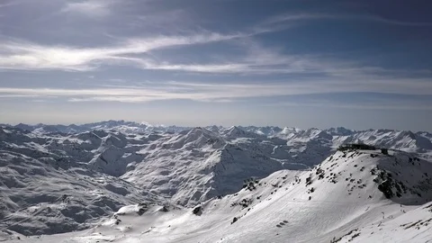 High Wide Drone Shot Of A Distant Snowy Peaks Of French Alps Stock Footage 93660056