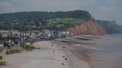 High wideangle view of Sidmouth in Devon.  Pebble beaches and sunshine Video stock 156191406