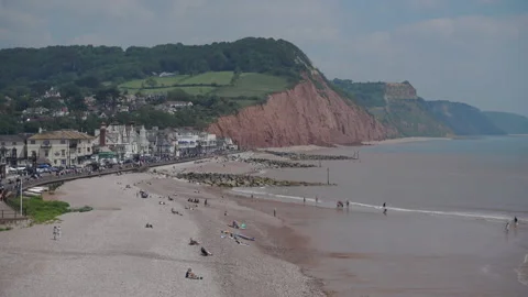 High wideangle view of Sidmouth in Devon.  Pebble beaches and sunshine Video stock 156192061