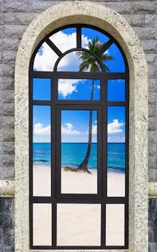 High window with sea view Stock Photos