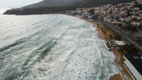 High Winds Sea Waves in Kalamitsa Beach Kavala Greece, Stormy Weather Aerial Stock Footage 328294815