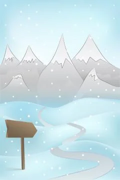 High winter mountain scene with road adn pointer at snowfall vector illustration Illustrazione stock