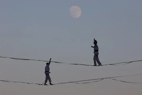 High-wire performance ahead of 65th Israel Festival, Jerusalem - 27 Jul 2026 Stock Photos