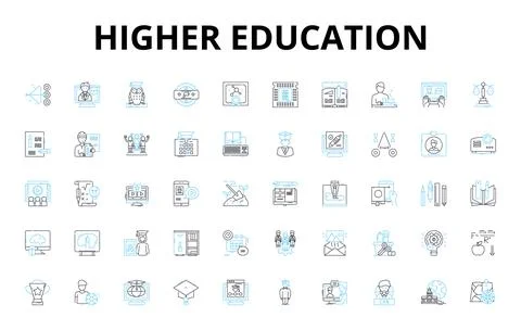 Higher education linear icons set. Learning, Knowledge, Courses, Scholarships Illustrazione stock