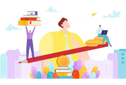 Higher educational institution, tiny character people together balance between Ilustração Stock