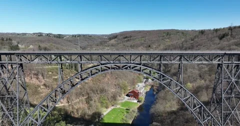 The highest railroad bridge over the Wupper river in Germany. The Mungsten Stock Footage 309235865