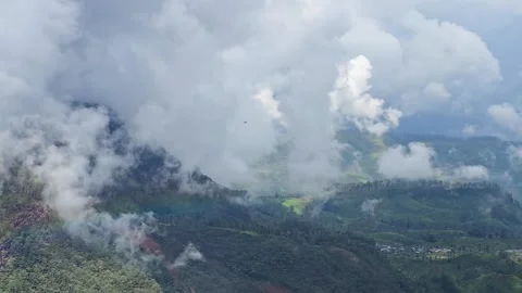 Highland landscape with dense clouds, tea estates, lakes, and paddy fields. 4K Stock-Footage 332619866