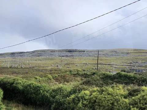 Highland Landscape with Overhead Power Lines and Plant Life Stock Photos