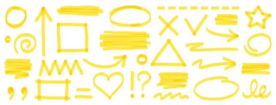 Highlight marker pen element set. Yellow color marker and brush stroke with Stock Illustration