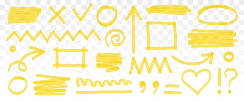 Highlight marker pen set. Hand drawn yellow color highlight with underline Stock Illustration