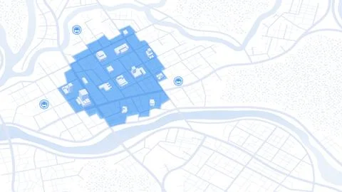 Highlighted Blue Urban Area on Light City Map and Perimeter Police Patrol Stock-Illustration