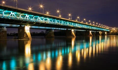 Highlighted bridge at night and reflected in the water.bridge gdanski Stock Photos
