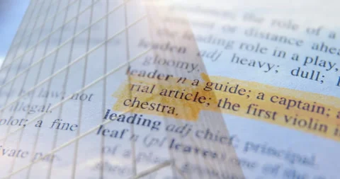 Highlighted dictionary text showing leader definition over building animation Stock Footage 304574229