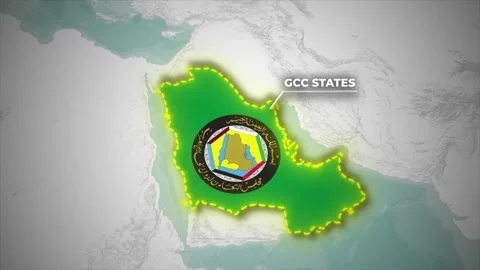 Highlighted GCC States Map Animation with Flag Reveal on World Map Background Vídeos de archivo 336566543