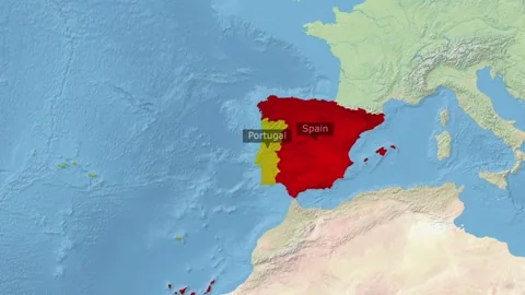 Highlighted map of spain and portugal on a digital geographical relief globe Stock Footage 345601056