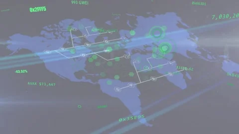 Highlighted node activating, global map animating pulsing nodes and drawing Video stock 334788041