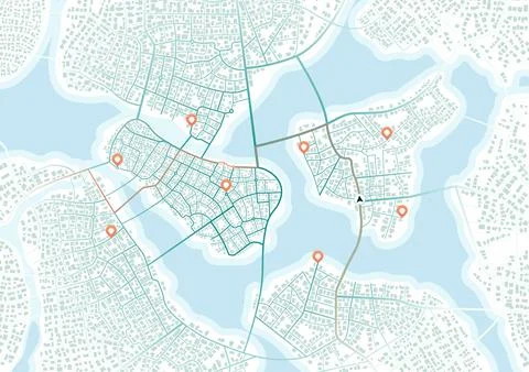 Highlighted route with multiple alternatives on city map for projects Stock Illustration