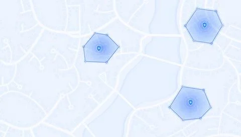 Highlighted shield icons with Hexagonal Security Zones on city map Stock Illustration