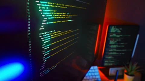 Highlighted software Code computer Monitor Neon Workspace Stock Footage 318829416